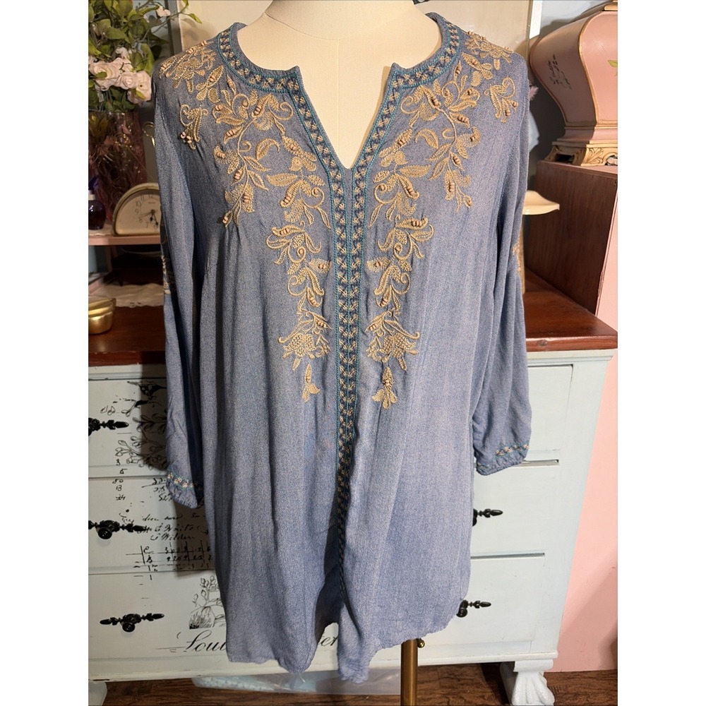 J Jill Top Blue 3/4 Sleeve Sz Small Tunic Tan Embroidery. Boho, Fall.